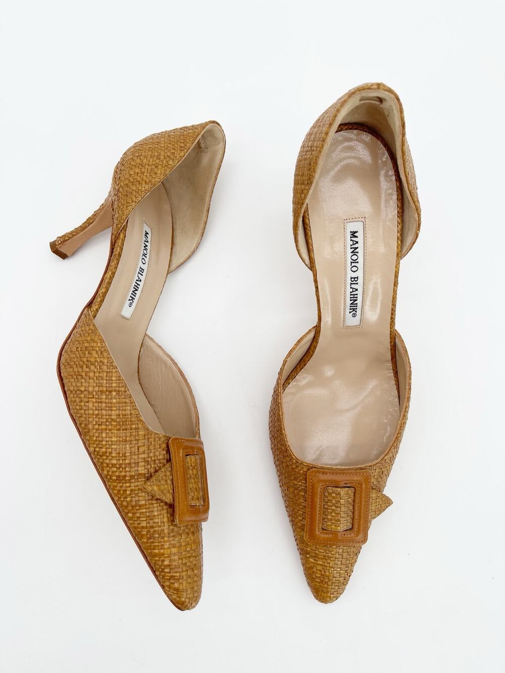 Manolo Blahnik Tan Raffia Woven Buckle Pointed Toe D'Orsay Stiletto Pumps IT 41